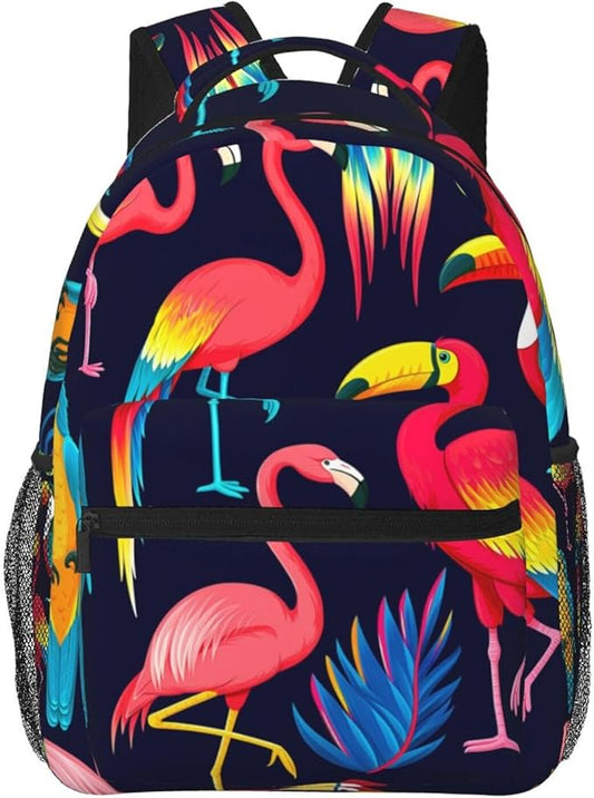 Polyester Daypack Backpack for Climbing Outdoors Running, Big Capacity Multipurpose Anti-Theft Bookbag, Exotic Birds Parrot Flamingo Art Travel Hiking Camping Rucksack