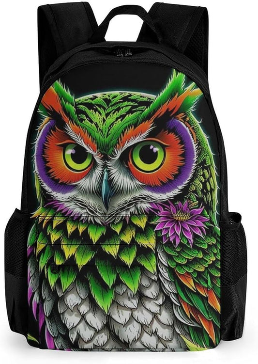 Supdreamc Women Men Polyester Owl Green Weedleaf Art Casual Daypack Large Capacity Bookbag With Side Pockets for Sports Picnic Walking Cycling