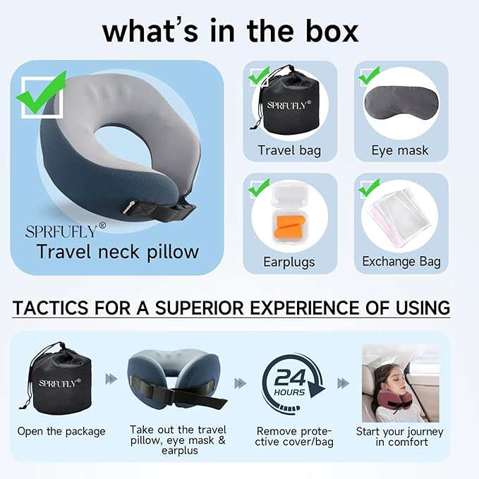 SPRFUFLY Neck Pillow for Traveling, Airplane Pillow with Sleep Mask and Ear Plugs, Breathable Removable Cover & Ergonomic Design - Essentials Travel Pillow for Airplane/Car Road Trip(Azure Blue)