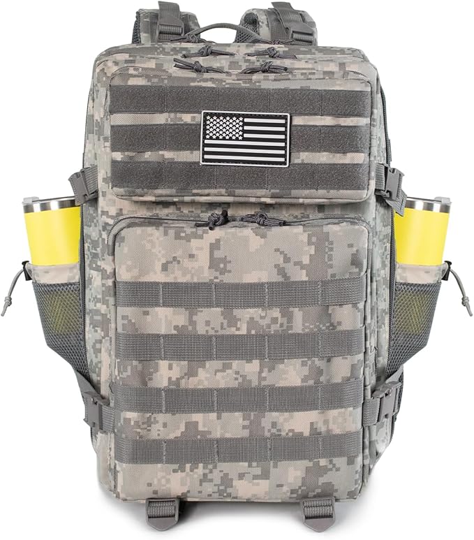 45L Grey Camo Military Tactical Backpack 3 Day Molle Assault Pack Large Army Bug Out Bag Rucksack Daypack for Men Outdoor Hiking Army Camping Hunting
