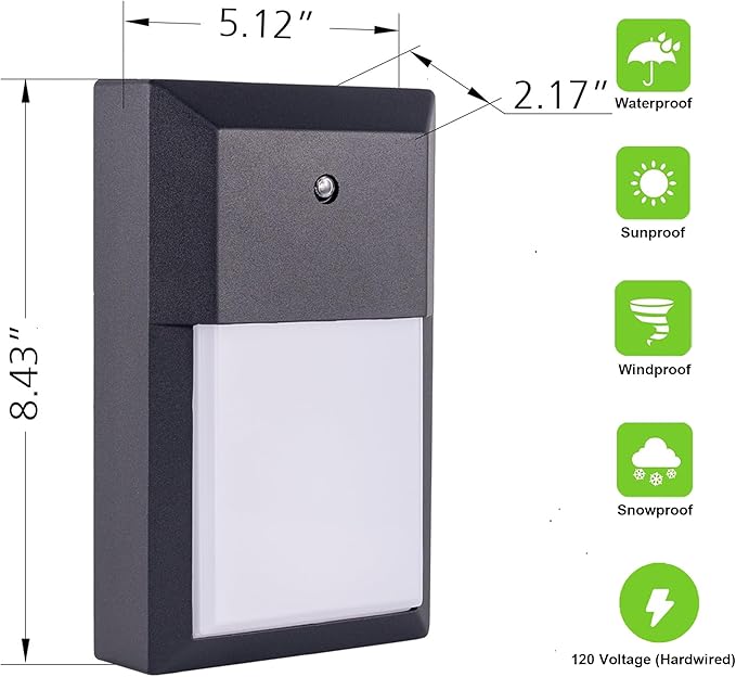 LIT-PaTH Dusk to Dawn Outdoor Wall Lantern, LED Wall Sconce for Porch Lighting Fixture, 3000K 12W 1000 Lumens, Aluminum Housing Plus PC, Black Finish, 1-Pack