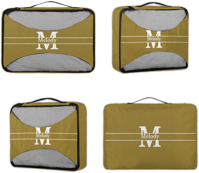 Personalized Compression Packing Cubes with Name, 4 Set Mesh Travel Organizer Bags for Carry on Women Men Boys, Luggage, Suitcase, Olive Green with Initial Letter