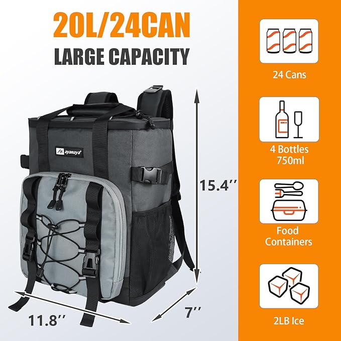 Cooler Backpack, AYAMAYA 24 Cans Insulated Lunch Backpack Cooler Leakproof, Keeps Hot/Cold for Up to 16 Hours, Lightweight Waterproof Beach Travel Camping Cooler Bag for Men and Women