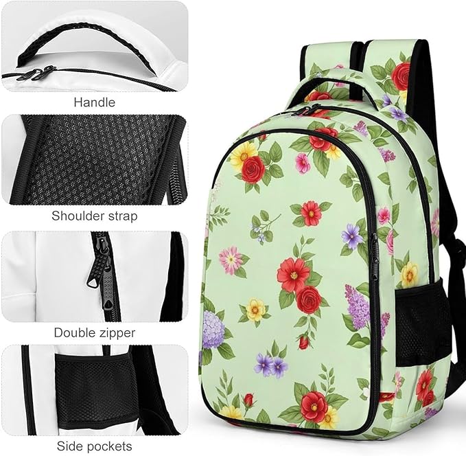 Nurse Teacher Laptop Backpack Shabby Chic Flowers Roses Pedals Dots Leaves Buds Spring Season Theme, Cute Travel Backpack Purse with Tumbler Holder for Women College Work Commute