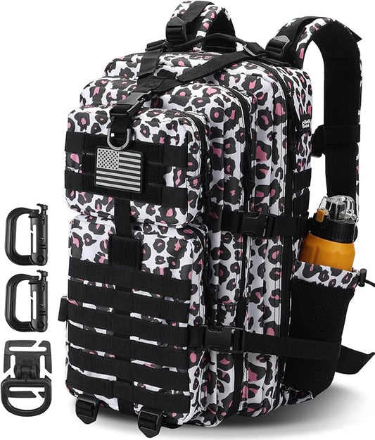 45L MOLLE Assault Backpack, Tactical Backpack Military Army Camping Rucksack with Bottle Holder, 3-Day Pack Trip w/USA Flag Patch, D-Rings, Leopard