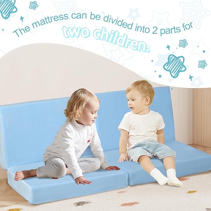 MeMoreCool Kids Folding Mattress, Trifold Mat Foldable Floor Mattress for Kids, 63x26 Tri Fold Floor Mat with Washable Cover and Carry Bag, Portable Floor Mat for Sleepover Daycare, Blue