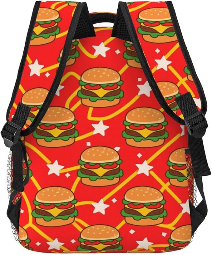 Women Men Polyester Red Hamburgers French Fries Casual Daypack Large Capacity Bookbag With Side Pockets for Sports Picnic Walking Cycling