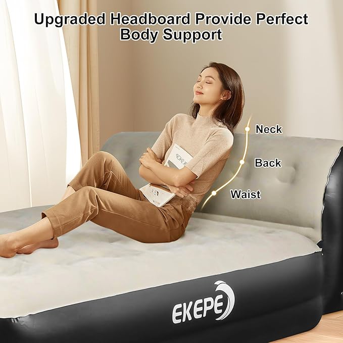 Queen Air Mattress with Integrated Headboard, 18 inches Blow Up Air Mattress with Built in Wireless Pump, Inflatable Air Bed for Home, Camping, Guest Bed
