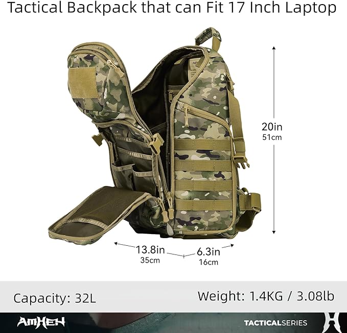32L Tactical Backpack - MOLLE Everyday Carry with Suspended 17" Laptop Compartment for Work, Travel and Emergency (Camo)