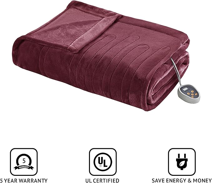 Beautyrest Heated Electric Blanket for Cold Weather, Fast Heating Heated Blanket, Auto Shut Off, Virtually Zero EMF, Multi Heat Setting, UL Certified, Red Twin (84 inx62 in)