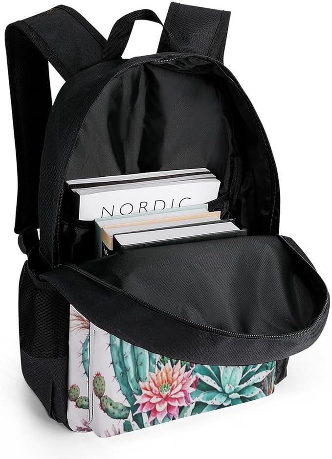 Men Women Polyester Natural Vintage Watercolor Bouquet Boho Style Cactus Succulent Flowers Twigs Daypack Backpack Large Capacity Carry On Bag With Smooth Zippers for Hiking Picnic Walking Cycling