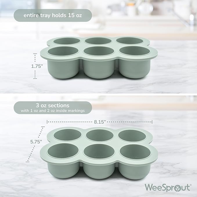 WeeSprout Silicone Freezer Tray with Clip on Lid Perfect Food Storage Container for Homemade Baby Food, Vegetable, Fruit Purees, and Breast Milk (Bright Grey, Six 3 Ounce Sections)
