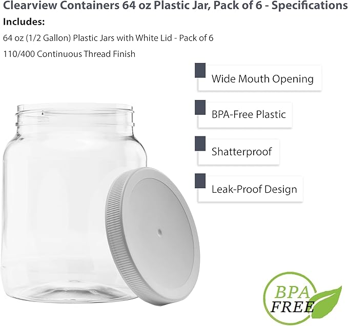 Plastic Storage Jars with Leak Proof Lids, BPA Free, Hand Wash Only (64oz, 6PK White)