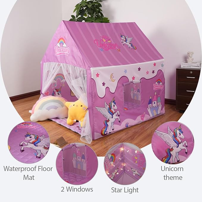 Princess Unicorn Castle Playhouse with Mat – Indoor & Outdoor Large Kids Play Tent for Imaginative Games Girls Toy House Gift Sizes 47×46.8×38.1In