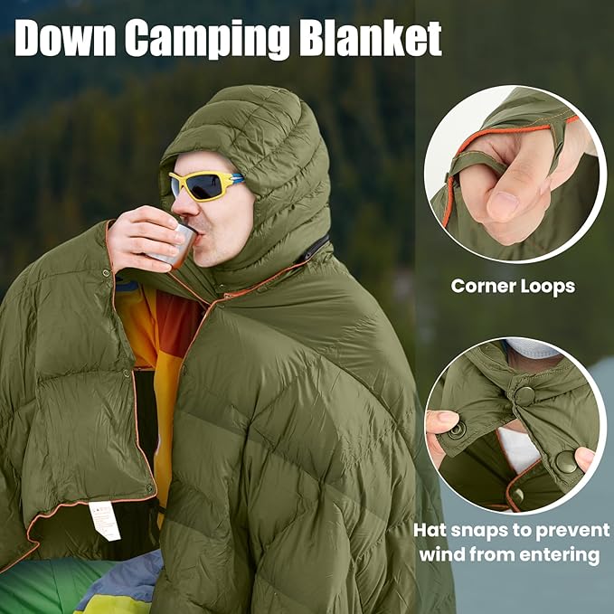 Hooded Down Camping Blanket Waterproof 650 Fill Puffy Poncho Blanket 77" x 50" Packable Wearable Sleeping Bag with Detachable Hat Outdoor Stadium Camping Cold Weather, 1.36 lb(Olive Green)