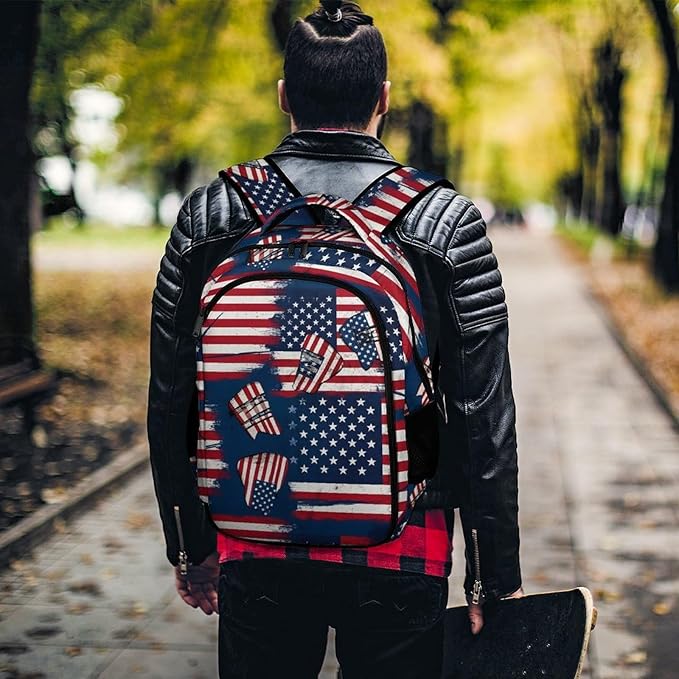 Sturdy College Bookbag Red Blue White American Flag Art, Anti Theft Water Resistant Laptop Backpack with Multi Compartments for Travel Business Hiking