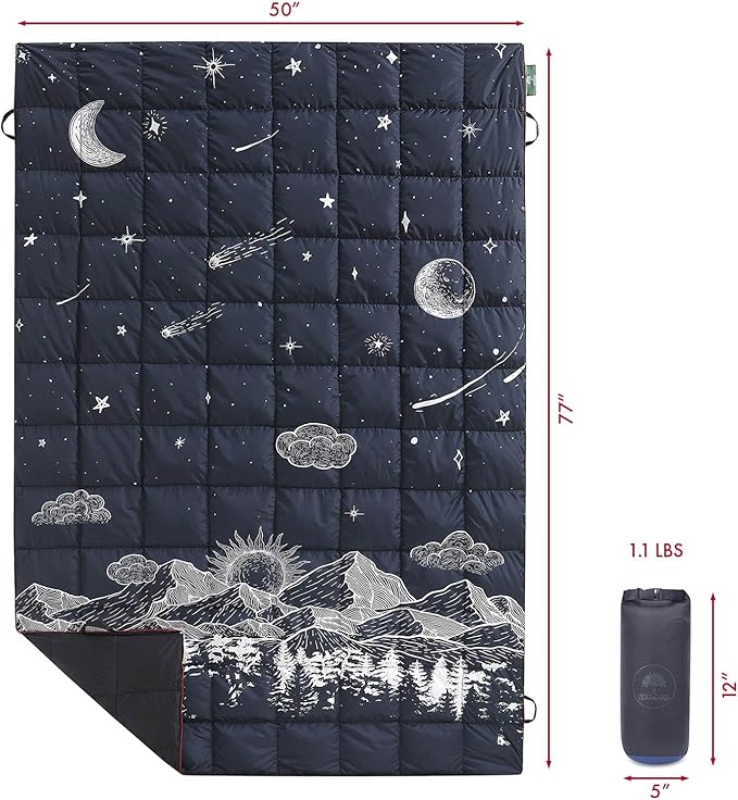 Down Camping Blanket, Ultralight Compact Packable Throw with Snaps for Outdoor Indoor, Travel Stadium Concert Picnic Beach, Puffy 650 Fill Down Water-Resistant Quilt (Midnight Sunrise)
