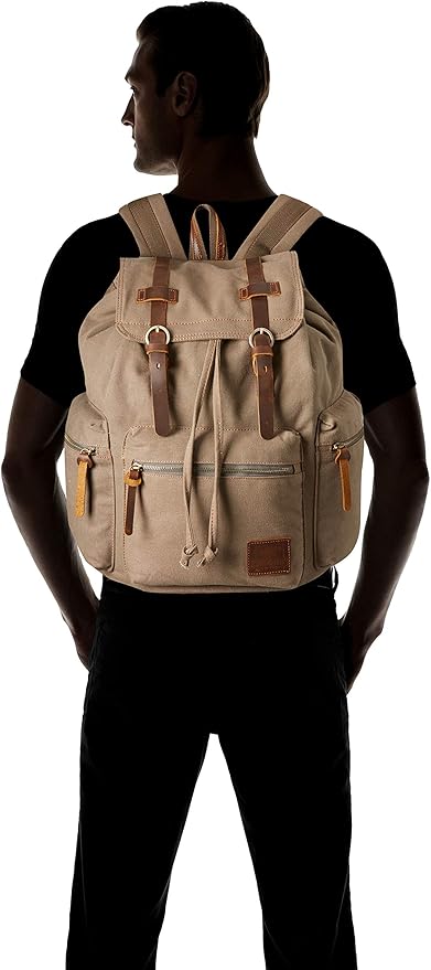 HuaChen Vintage Canvas Travel Backpack with Leather Trim, Laptop Padded Sleeve, Hidden Back Security Pocket, Fits 15-Inch, M32 Army Green Large