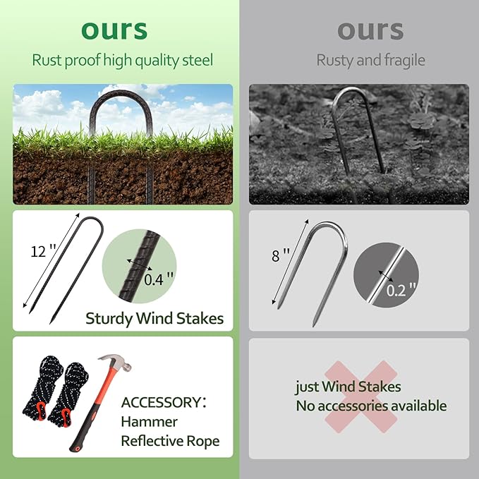 10 Pack 12 Inch Trampoline Stakes Set - Trampoline Anchors with 2 Windproof Rope, Tent Wind Stakes - Galvanized Steel Anchors for Swing, Camping Tents, Soccer Goals, Black