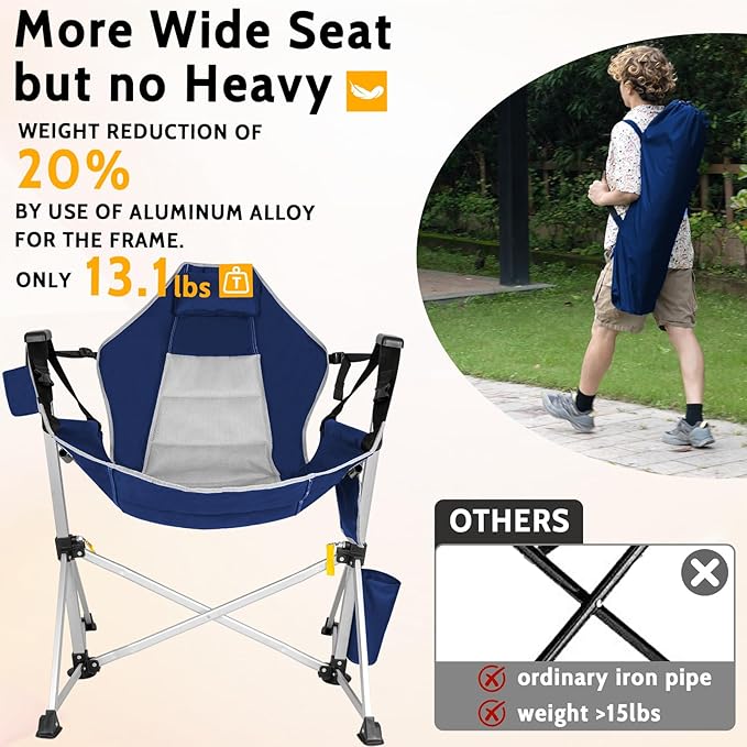 Romswi 2Pk Aluminum Hammock Camping Chair with Footrest, Oversized Portable Swinging Chair with Adjustable Back & Seat, Lightweight Folding Rocking Camp Chair Supports 440lbs for Outdoor, Patio Blue