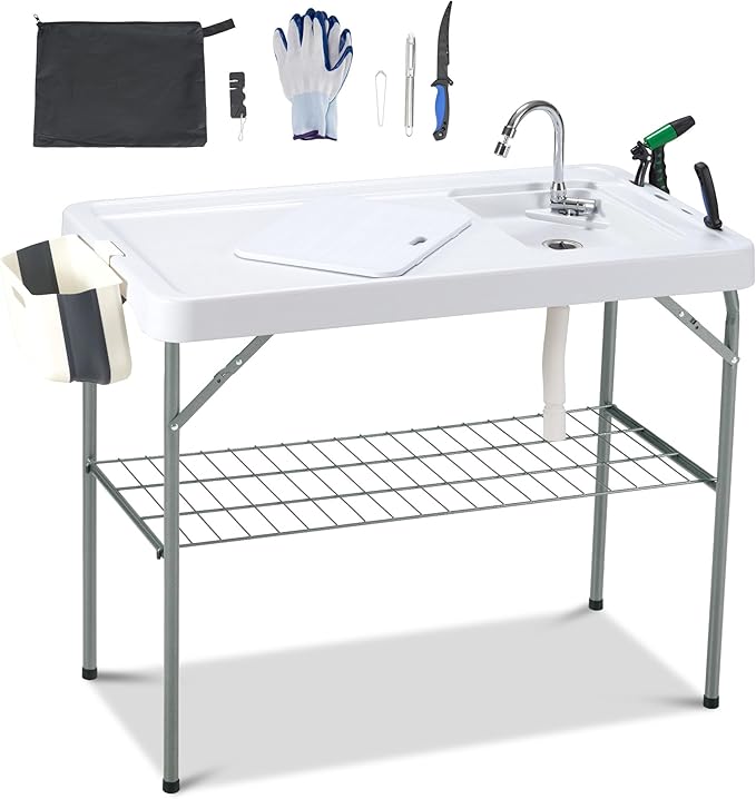 AHB 42'' Outdoor Fish Cleaning Table Portable Camping Sink Station with Double Sinks, Collapsible Swivel Faucet, Picnic Sink Table with 6pc Fish Cleaning Kit for Picnic Beach Patio
