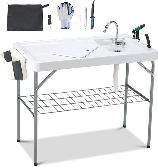 AHB 42'' Outdoor Fish Cleaning Table Portable Camping Sink Station with Double Sinks, Collapsible Swivel Faucet, Picnic Sink Table with 6pc Fish Cleaning Kit for Picnic Beach Patio