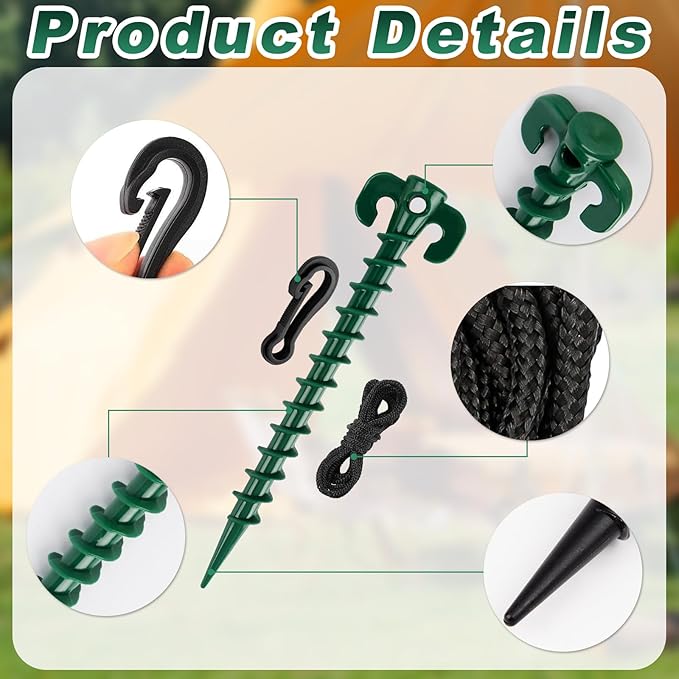 48 Pieces Plastic Inflatable Stakes Set Plastic Tent Stakes with Hooks & Ropes Camping Stakes Duty Tent Pegs for Halloween Christmas Yard Inflatables Sturdy Tent Canopy Stake (Green)