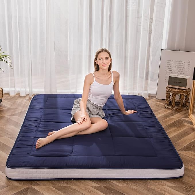 MAXYOYO Futon Mattress, Padded Japanese Floor Mattress Quilted Bed Mattress Topper, Extra Thick Folding Sleeping Pad Breathable Floor Lounger Guest Bed for Camping Couch, Navy, Queen