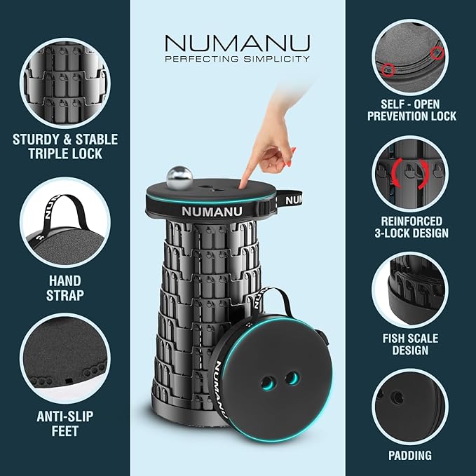 NUMANU 2025 Upgraded Collapsible Stool with Built-in Seat Padding, Height Adjustable Retractable Telescopic Seat, Max 620lb Portable Folding Stool, Foldable Camping Chair or Travel Footrest, 2.5"-18"H