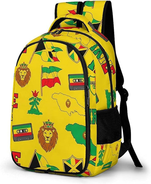 Sturdy Laptop Backpack Rasta Lion Jamaican Reggae Flag Map Magnetic Tape, Anti Theft Water Resistant Travel Business Bag with Water Bottle Pockets Gifts for Men Women