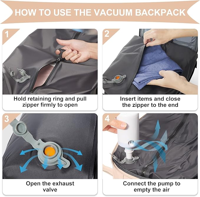 coowoz Vacuum Backpack Travel with Pump,Travel Backpack with Vacuum System For Women Men,Carry On Backpack,Hiking Backpack Waterproof Outdoor Sports Rucksack Casual Daypack,30L(Vacuum pump),Beige