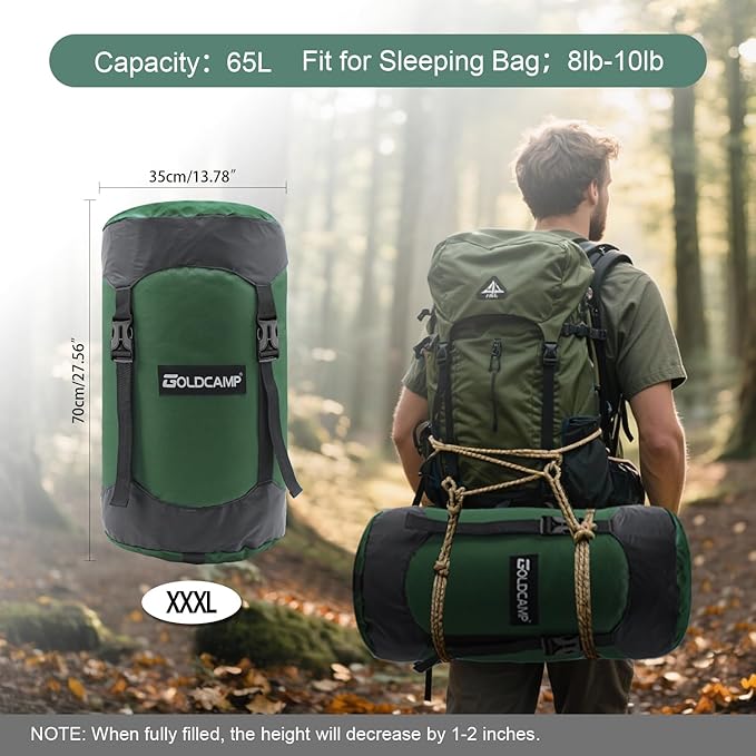 GoldCamp Compression Stuff Storage Sack for Sleeping Bag, Space Saving Gear with dust Flap, 600D Oxford Waterproof Camping, Hiking, Outdoor with Drawstring dust, Backpacking (Dark Green, XXXL,65L)