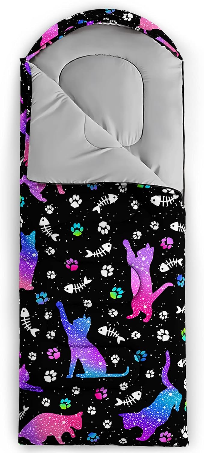 BailiPromise Starry Cat Camping Sleeping Bags,3 Season Warm & Cool Weather,Lightweight Waterproof Sleeping Bags for Adults & Kids,Traveling and Outdoors,Camping Gear Equipment,31x90inch