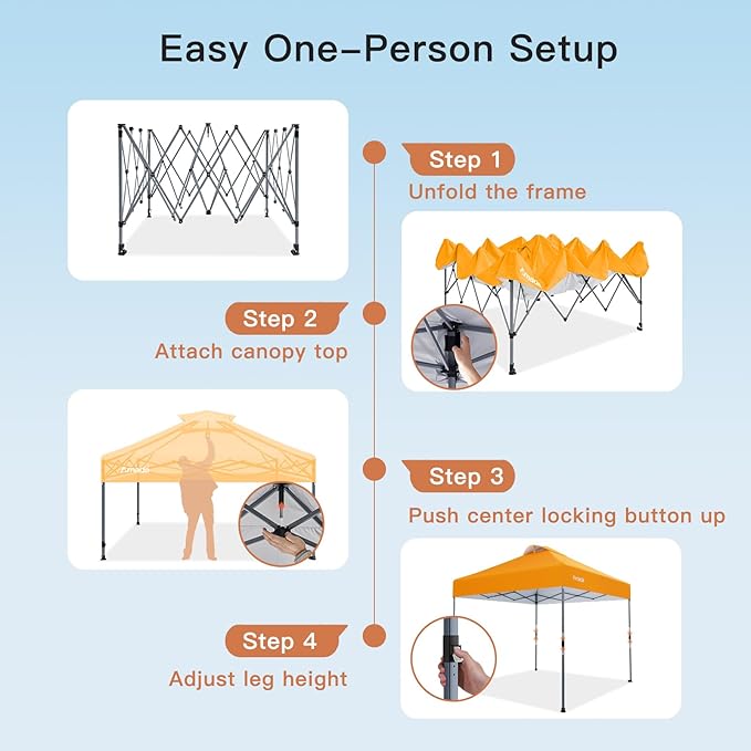 Amada 10x10 Pop Up Canopy - Center Lock One Push Instant Setup Gazebo Outdoor Canopy Beach Tent with STO-N-Go Bag 8 Stakes & 4 Sand Bags, 3-Height Adjustable Shade Shelter (10x10ft, Orange)