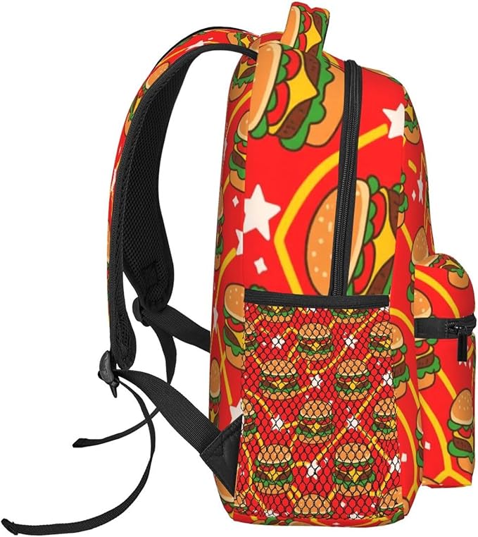 Women Men Polyester Red Hamburgers French Fries Casual Daypack Large Capacity Bookbag With Side Pockets for Sports Picnic Walking Cycling