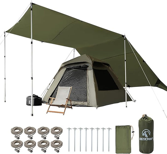 REDCAMP Large 10x17ft Waterproof Camping Tarp, Portable Hammock Rain Fly with 4 Adjustable Poles, 8 Guy Lines & Stakes, Backpacking Tent Shelter for Camping, Hiking, Beach (4 Poles)