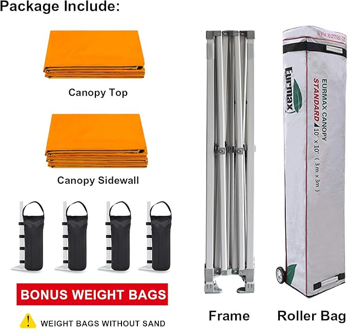 Eurmax USA 10'x10' Pop-up Canopy Tent Commercial Instant Canopies with 4 Removable Zipper End Side Walls and Roller Bag, Bonus 4 SandBags(Orange)