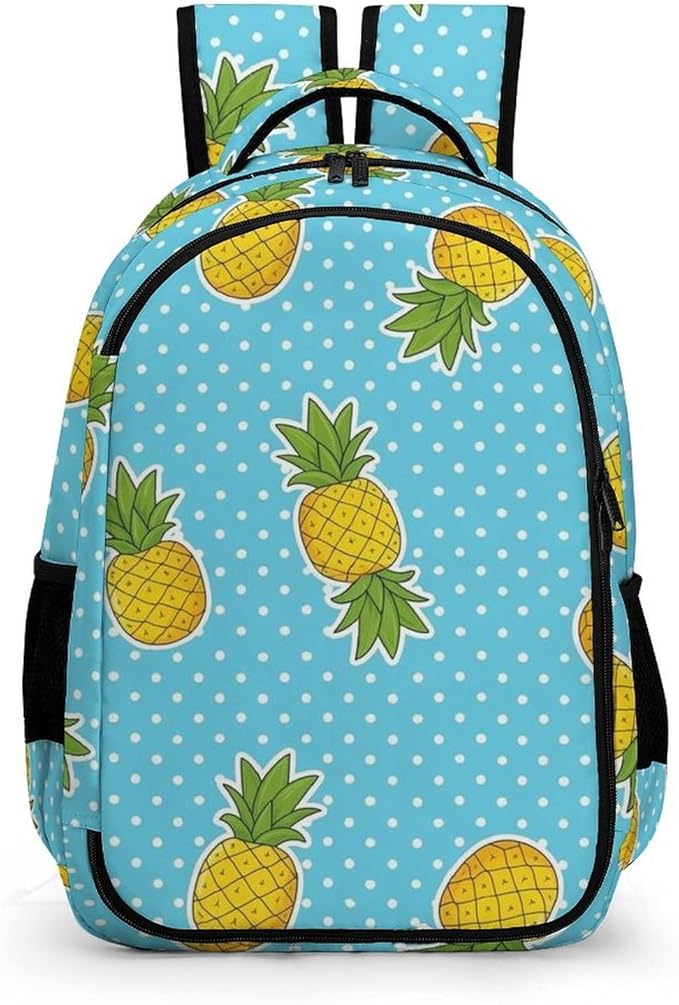 Travel Backpack Sky Blue Polka Dots Yellow Pineapples for Women Men, Anti Theft Laptop Daypack with Large Capacity for College Work Weekender Outdoor