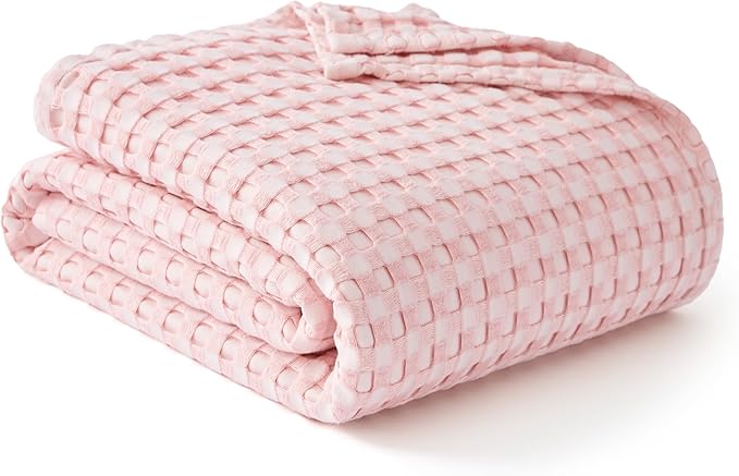Bedsure Cooling Cotton Waffle Queen Size Blanket - Lightweight Breathable Blanket of Rayon Derived from Bamboo for Hot Sleepers,Spring Pink, 90x90 Inches