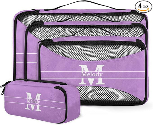 Custom Packing Cubes with Name - 4 Piece Packing Cubes Compression Luggage Suitcase Organizer Set, Lavender Purple with Initial Letter
