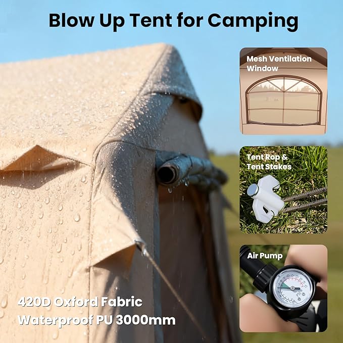 Inflatable Tents for Camping, Blow Up Tent with Hand Pump, Easy Setup Inflatable Hot Tent with Stove Jack, Waterproof Oxford Air Glamping Tents for Camping Adult 4 Person Upgrade Version