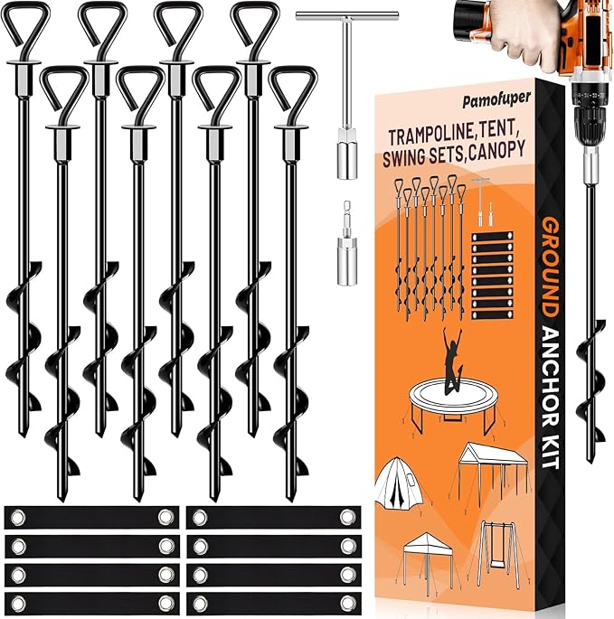 Trampoline Stakes Ground Anchors Screw in Tent Stakes Heavy Duty for High Winds, Trampoline Anchors with Straps, Canopies, Carports, Sheds, Swing Sets,Mobile Home 14in Ground Anchors
