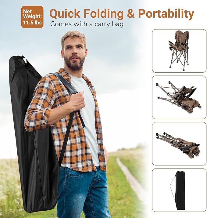 Goplus Folding Camping Chair, 400 LBS Support Lawn Chair w/Armrests with Covers, Cup Holder & Storage Pocket, Adjustable Feet, Portable Camp Chair with Carrying Bag, for Fishing Hunting Picnic (1)