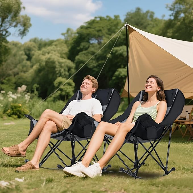 Oversized Rocking Camping Chair for Adults - Padded Recliner Rocker - Folding Lawn Chair with Cooler Bag and Pockets - Portable Rocker Chair Outdoor for Camp Patio Backyard