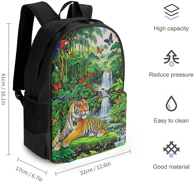 Daypack Backpack Multipurpose Anti-Theft Large Capacity Bookbag, King Of The Tiger Tropical Rainforest Landscape Jungle Parrot Birds Travel Hiking Camping Rucksack With Adjustable Shoulder Straps