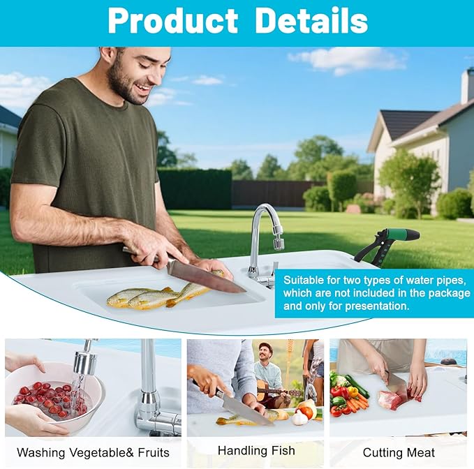 Nice C Fish Cleaning Table with Sink, Fish Skinning Table with 2 Sinks, w/Side Table, Faucet & Spray Nozzle, Toolkit, Portable Cleaning Station for Fishing, BBQ, Camping, Backyard Prep (White)