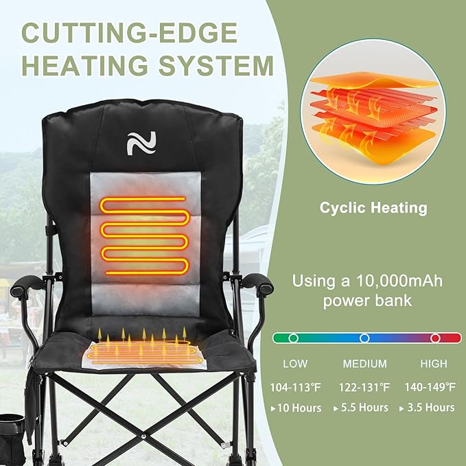 Slsy Heated Camping Chair, Outdoor Portable Heated Folding Chairs, Heated Camp Chair Seat Supports 500 lbs, Heating Chair for Outdoor Sports, Camping, Patio, and Picnics, Leather Black