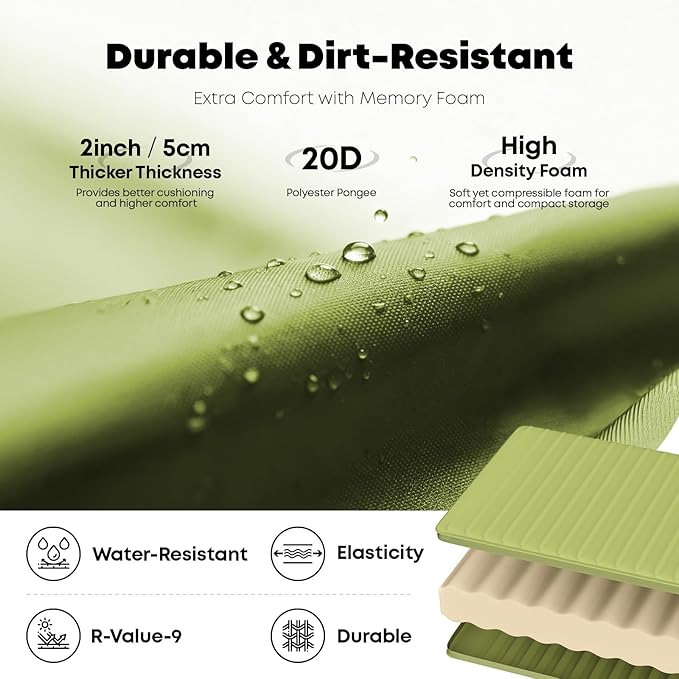 Self Inflating Sleeping Pad with Foot Pump, 2 Inch Thick Memory Foam Camping Pad, Quick Inflation Air Mattress for Camping, Hiking, Car Travel, and Outdoor Adventures, Green