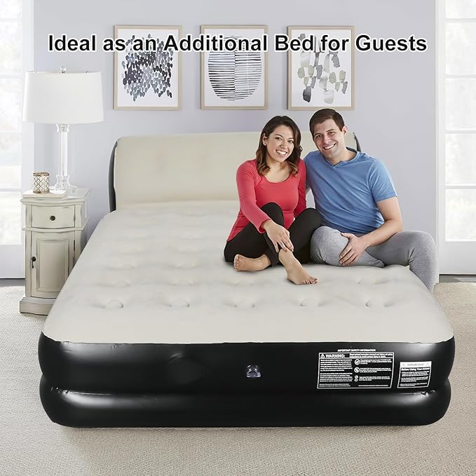 Queen Air Mattress with Integrated Headboard, 18 inches Blow Up Air Mattress with Built in Wireless Pump, Inflatable Air Bed for Home, Camping, Guest Bed