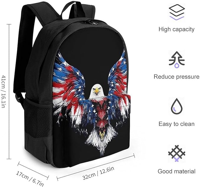 Supdreamc Rucksack Polyester Anti-Theft Multipurpose American Flag And Bald Eagle Patriotic Black Carry On Bag Large Capacity Travel and Sport Backpack Rucksack With Smooth Zippers